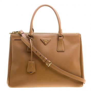 Pre Owned Prada Brown Saffiano Lux Leather Medium Double Zip Tote