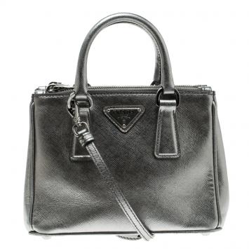 Pre Owned Prada Silver Saffiano Lux Leather Double Zip Tote
