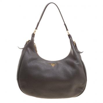 Pre Owned Prada Dark Grey Pebbled Leather Hobo