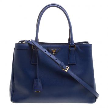 Pre Owned Prada Blue Saffiano Lux Leather Medium Double Zip Tote