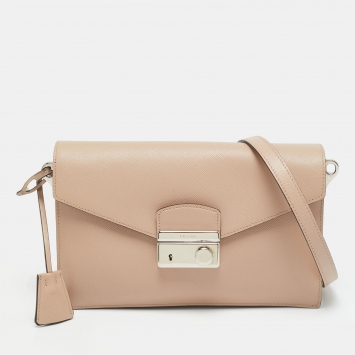 Pre Owned Prada Sound Flap Old Rose Saffiano Lux Leather Shoulder Bag