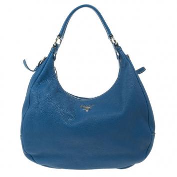 Pre Owned Prada Blue Pebbled Leather Hobo Bag