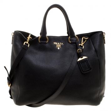 Pre Owned Prada Black Leather Vitello Diano Leather Side Zip Tote