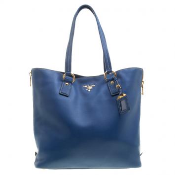 Pre Owned Prada Cobalt Blue Vitello Daino Leather Side Zip Tote