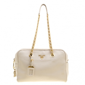 Pre Owned Prada Off White Vitello Daino Leather Bowling Bag