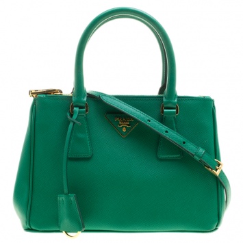 Pre Owned Prada Green Saffiano Lux Leather Mini Double Zip Tote