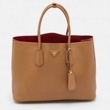مملوكة مسبقًا Prada Medium Brown Saffiano Leather Cuir Double Tote