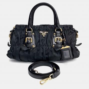 Pre Owned Prada Black Fabric Gaufré Tote and Shoulder Bag