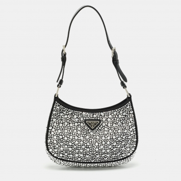 Pre Owned Prada Cleo Crystals Black Satin and Leather Hobo