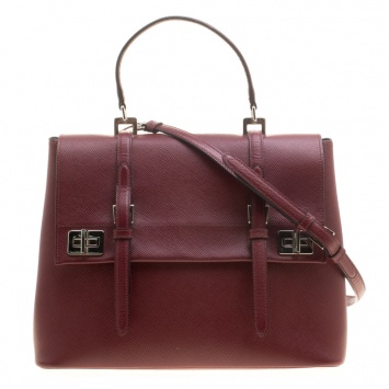 Pre Owned Prada Burgundy Saffiano Lux Leather Top Handle Bag