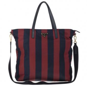 Pre Owned Prada Bicolor Stripped Nylon Shopping Tote