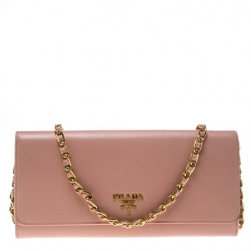 Pre Owned Prada Pink Saffiano Metal Leather Wallet on Chain