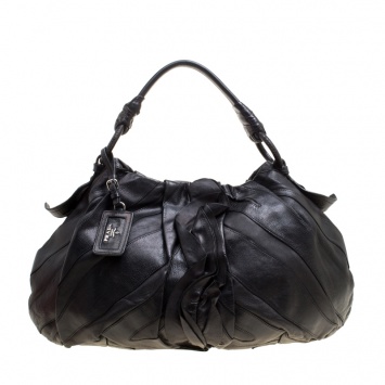 Pre Owned Prada Black Ruffle Leather Mordore Hobo 