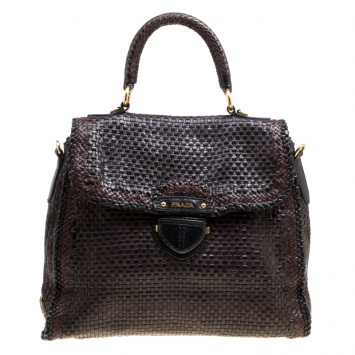 Pre Owned Prada Brown Woven Leather Madras Top Handle Bag