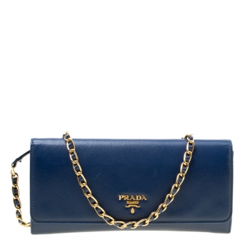 Pre Owned Prada Blue Saffiano Metal Leather Wallet On Chain
