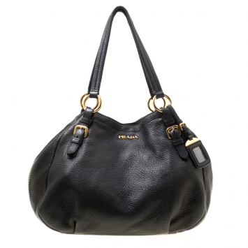 Pre Owned Prada Black Vitello Daino Leather Zip Around Hobo
