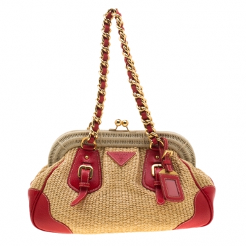 Pre Owned Prada Beige/Red Woven Raffia and Leather Frame Satchel