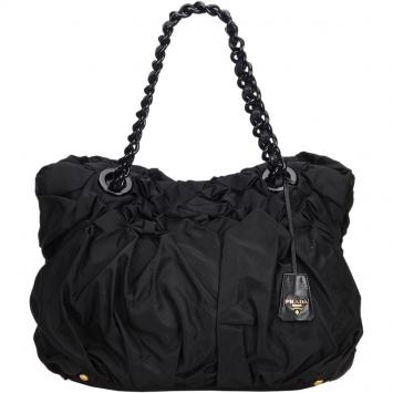 Pre Owned Prada Black Gathered Nylon Chain Tote Bag