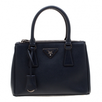 Pre Owned Prada Navy Blue Saffiano Lux Leather Mini Double Zip Tote