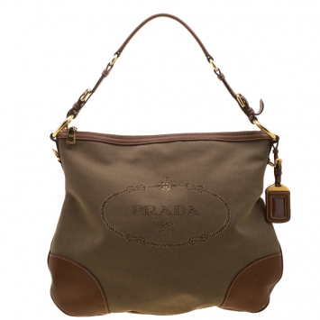 Pre Owned Prada Brown Canvas and leather  Jacquard Logo Hobo