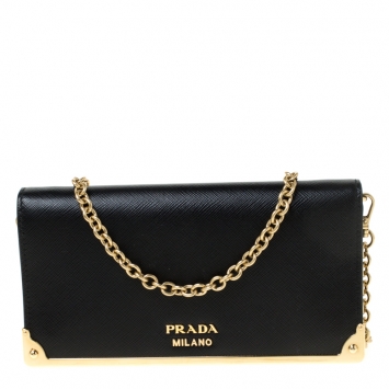 Pre Owned Prada Black Saffiano Lux Leather Metal Flap Wallet On Chain