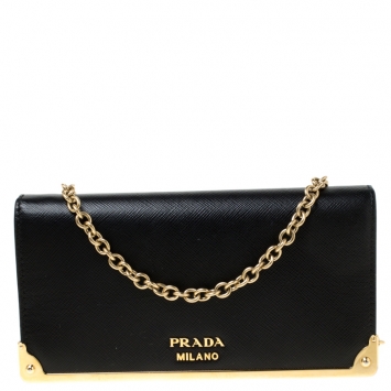 Pre Owned Prada Saffiano Metal Leather Full Metal Flap Bar Wallet on Chain