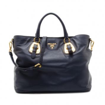 Pre Owned Prada Navy Baltico Soft Calf Leather Tote
