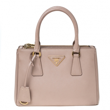 Pre Owned Prada Nude Saffiano Lux Leather Mini Double Zip Tote