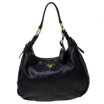 Pre Owned Prada Black Vitello Daino Leather Zip-Top Hobo 