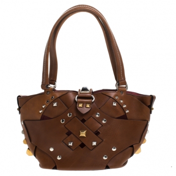 Pre Owned Prada Brown Woven Leather Studded Lattice Tote