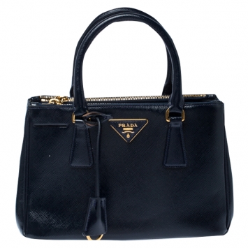 Pre Owned Prada Navy Blue Saffiano Patent Leather Mini Double Zip Tote