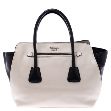 Pre Owned Prada Off White/Black Leather Shopper Tote 