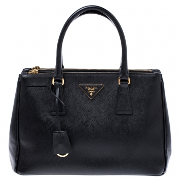 Pre Owned Prada Black Saffiano Lux Leather Small Double Zip Tote