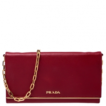 Pre Owned Prada Red Saffiano Leather Full Metal Flap Bar Wallet on Chain