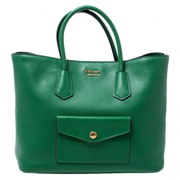 Pre Owned Prada Green Saffiano Cuir Leather Convertible Tote