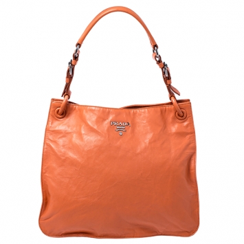 Pre Owned Prada Orange Crinkled Leather Hobo Bag
