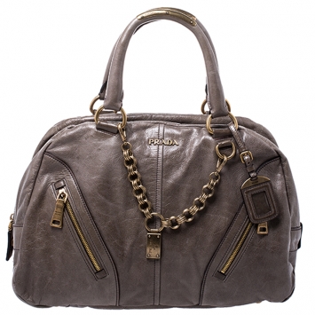 Pre Owned Prada Olive Green Leather Front Zip Boston Bag
