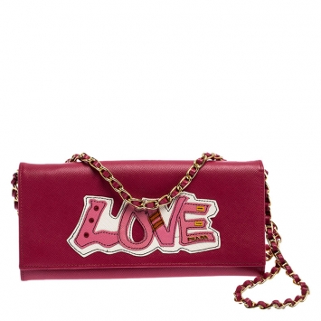 Pre Owned Prada Pink Saffiano Lux Leather Love Wallet on Chain