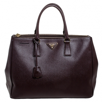 Pre Owned Prada Burgundy Saffiano Lux Leather Large Double Zip Tote