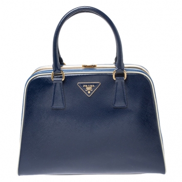 Pre Owned  Prada Navy Blue Saffiano Lux Patent Leather Frame Top Handle Bag 