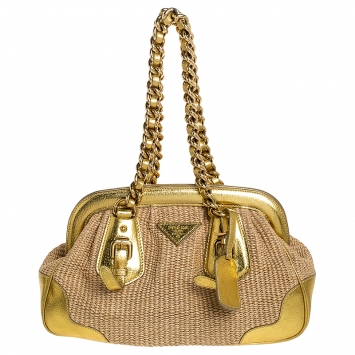 Pre Owned Prada Metallic Gold Straw and Leather Frame Bag