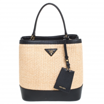 Pre Owned Prada Black/Beige Straw and Leather Medium Panier Top Handle Bag