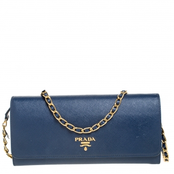 Pre Owned Prada Navy Blue Saffiano Lux Leather Wallet on Chain