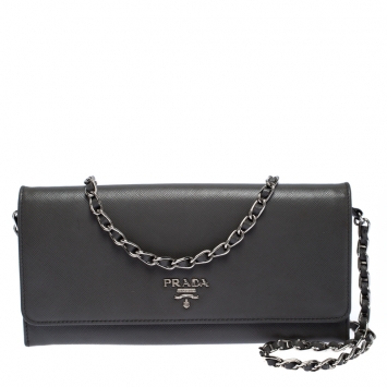 Pre Owned Prada Grey Saffiano Lux Leather Wallet on Chain