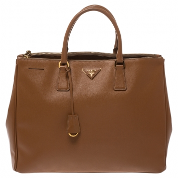 Pre Owned Prada Tan Saffiano Lux Leather Double Zip Executive Tote
