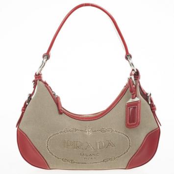 Pre Owned Prada Red Trim Logo Jacquard Hobo Bag