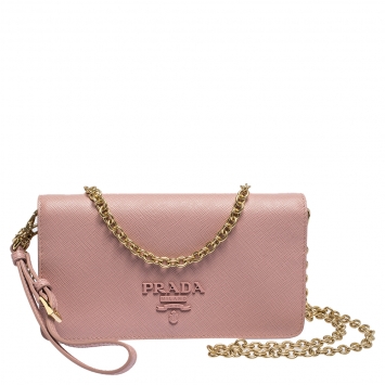 Pre Owned Prada Light Pink Saffiano Leather Wallet On Chain