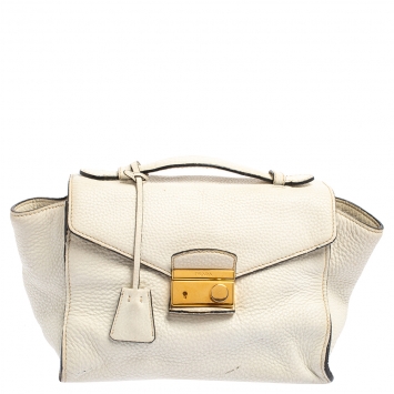 Pre Owned Prada White Vitello Daino Leather Sound Flap Top Handle Bag