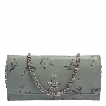 Pre Owned Prada Pale Blue Floral Print Saffiano Leather Wallet On Chain