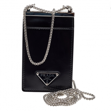 Pre Owned Prada Black Brushed Leather Chain Card Holder 